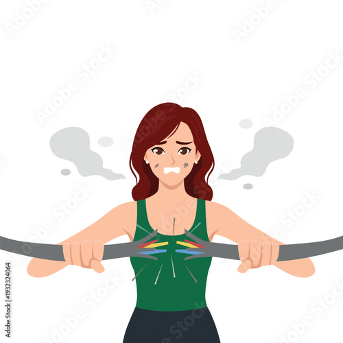 Overloaded Electrical Cable Short Circuit with Stressed Woman. Flat Vector character illustration