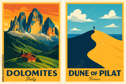 A vibrant vector graphic illustration of travel posters for Dolomites and Dune of Pilat