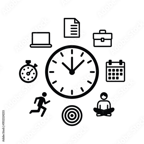 Time management concept with icons representing work deadlines and productivity