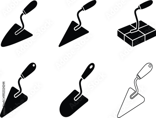 Professional masonry trowel silhouettes and construction hand tools set, bricklayer equipment flat vector graphic illustration