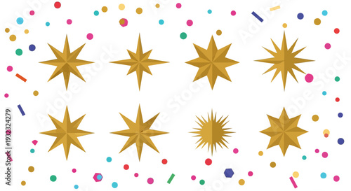 A vibrant arrangement of golden starbursts and colorful confetti floats against a clear backdrop on transparent background silhouette