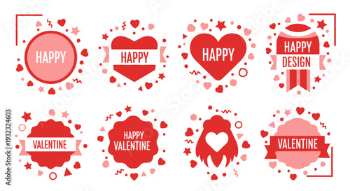 A collection of eight vibrant heart shaped badges with happy and valentine themes on transparent background silhouette high quality professional