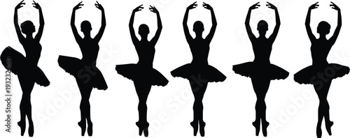 Ballet dancer silhouette set, graceful ballerina poses in tutu performing classical dance isolated on white background