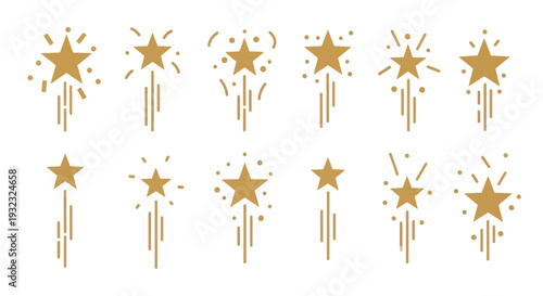 A collection of golden starbursts and shooting stars with trailing lines ideal for design projects on transparent background silhouette