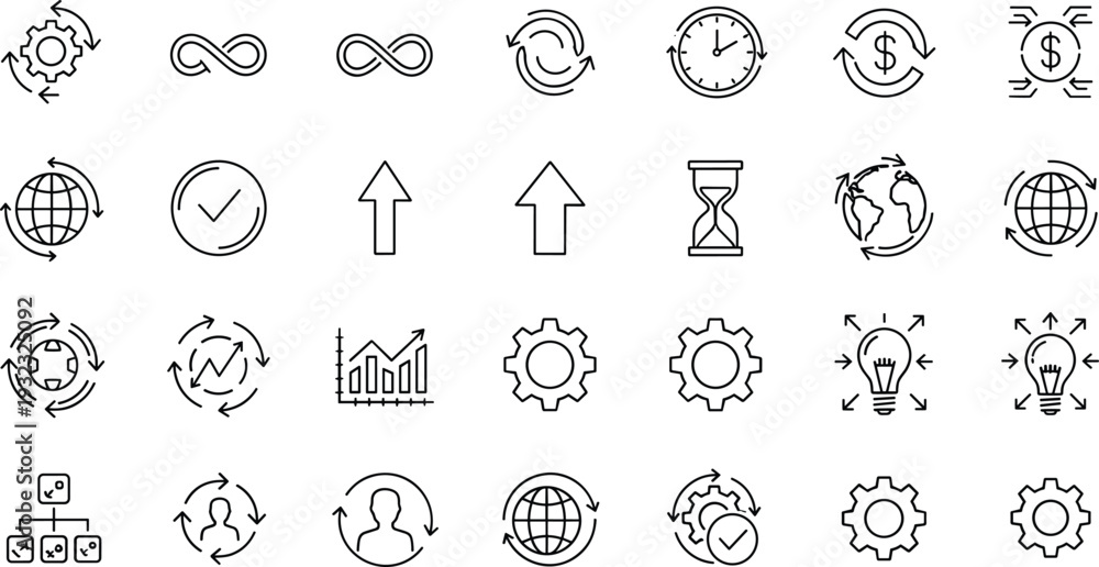 Fototapeta premium Global Business Workflow and Innovation Icon Set Featuring 28 Linear Symbols for Strategic Planning Continuous Improvement and Global Connectivity