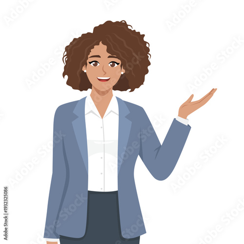 Confident Business Woman Presenting with Hand Gesture. Flat Vector character illustration