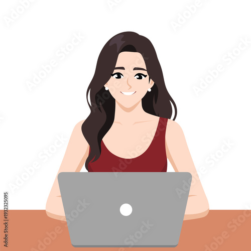 Smiling Woman Working on Laptop. Remote Work and Online Business Concept. Flat Vector character illustration