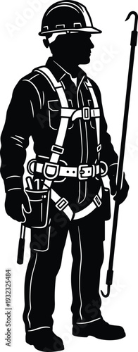 Industrial Construction Worker Silhouette with Safety Harness and Hard Hat, Professional Technician Holding Crowbar Tool, Occupational Safety Illustration Isolated on White