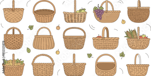 Hand Drawn Wicker Basket Collection with Fresh Vegetables, Fruits, Bread, and Flowers in Rustic Woven Containers for Country Market and Farmhouse Kitchen Designs