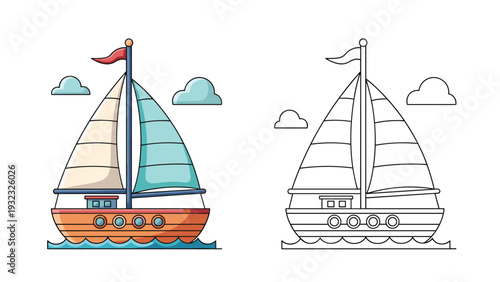 Comparison of a colorful sailboat on the water and its black and white line art version for coloring or design.