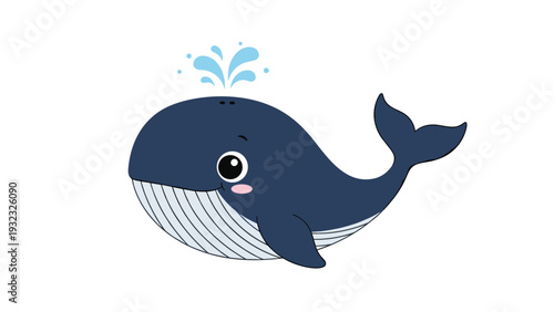 Adorable cartoon blue whale with big eyes and a friendly smile spouting water from its blowhole in a simple illustration.