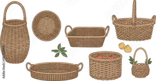 Hand Drawn Wicker Basket Vector Set with Rustic Woven Trays, Traditional Picnic Hampers, and Natural Rattan Containers for Farmhouse Decor and Country Harvest Designs