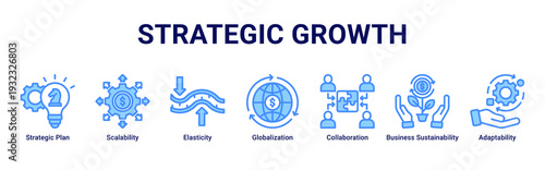 Strategic Growth web banner icon vector representing scalable planning,collaboration,adaptability,and sustainable global business growth