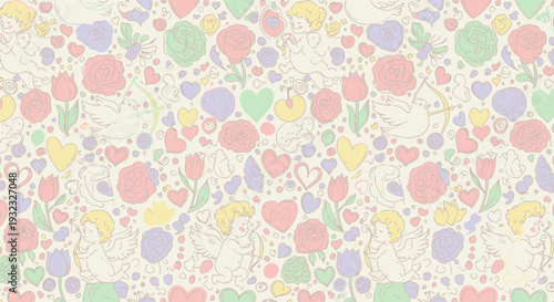 Colorful pattern of hearts flowers and cupid figures on soft background