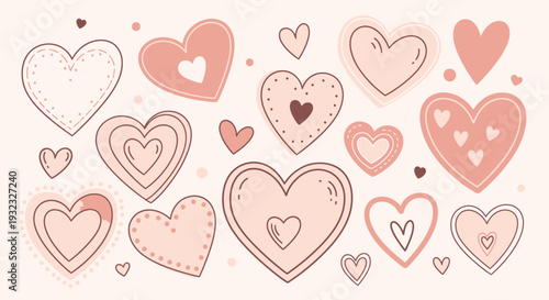 Decorative hand drawn hearts in various sizes and shades of pink for design