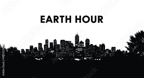 Earth hour vector illustration graphic design highlighting a silhouetted urban city skyline with illuminated windows and surrounding dark trees, promoting global environmental awareness.
