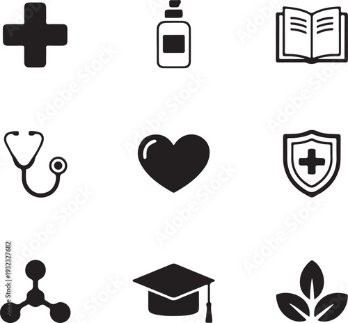 Healthcare and education icons set, medical symbols, stethoscope, heart, cross, shield, graduation cap, organic leaf silhouette vector

