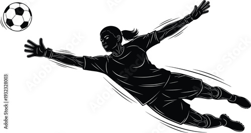Female soccer goalkeeper silhouette illustration, woman football player diving save vector sports design