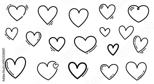 Hand drawn heart doodles in varying sizes on white backdrop for design elements