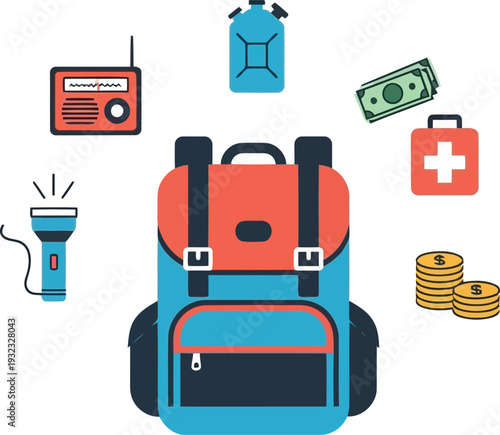 Emergency Survival Kit Essentials with Backpack, First Aid, Flashlight, Radio, Money and Supplies Vector
