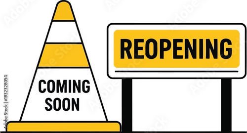 Yellow Traffic Cone with Coming Soon Text and Reopening Sign Isolated on White Background