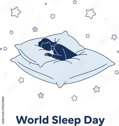 World Sleep Day illustration with person sleeping on pillows surrounded by stars, promoting healthy rest and relaxation
