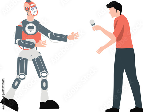 The boy is getting interview to robot.