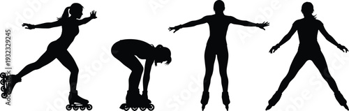 Dynamic black silhouette figures roller skating in various poses, showcasing movement, balance, and posture, perfect vector illustration for sports, fitness, lifestyle, and modern design projects.