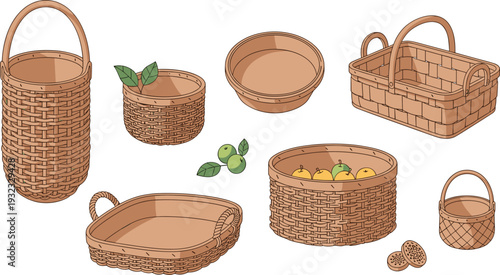 Hand Drawn Wicker Basket Vector Set with Different Shapes for Picnic, Fruit Storage, Home Decoration, Shopping, and Rural Organic Product Packaging Designs