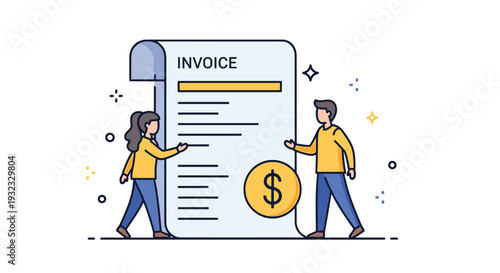 Professional man and woman standing next to a giant rolled invoice document and a gold dollar coin in a clean office setting.