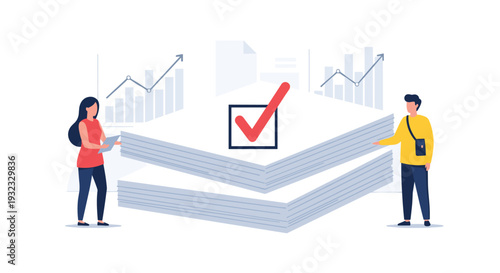 Couple of workers carrying a massive stack of white paper documents with a large red checkmark on top signifying task completion.
