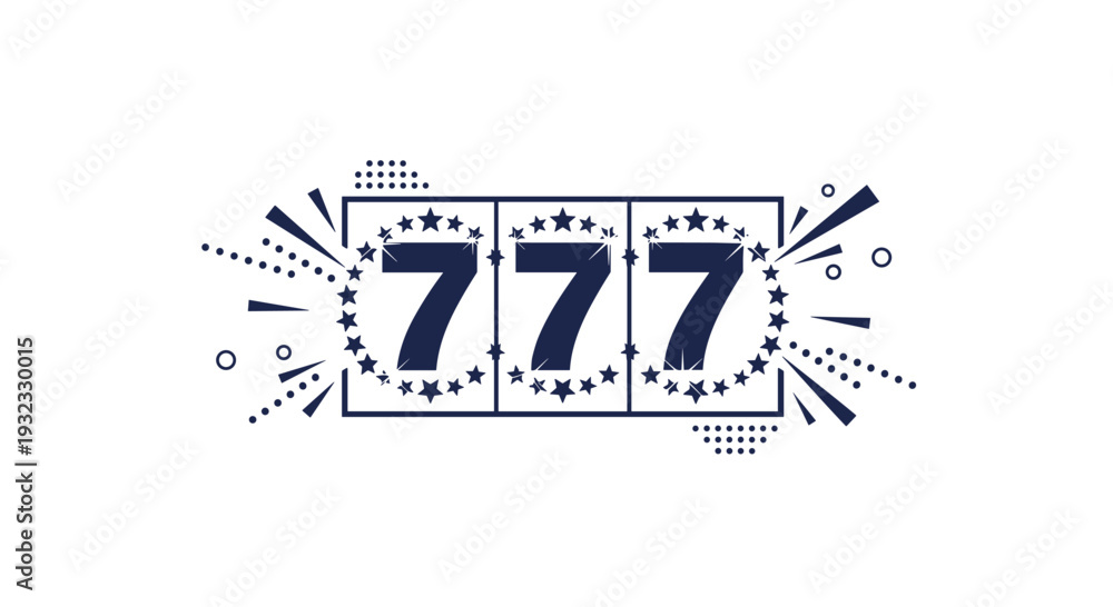 Fototapeta premium Slot machine display showing three lucky number seven digits surrounded by decorative stars, bursts, and dynamic graphic elements.
