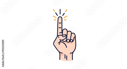 Human hand with the index finger pointing upwards and bright yellow light rays emerging from the tip representing an idea or focus.