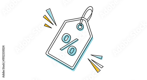 Hanging price tag with a percentage symbol and decorative action bursts indicating a special discount, sale, or promotional offer.