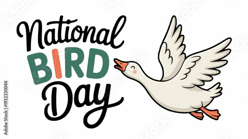 National bird day illustration with white goose and colorful text on white background