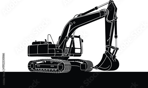 Black Silhouette of Heavy Industrial Excavator Working on Construction Site Isolated on White Background for Engineering Building Earthmoving Machinery and Civil Development Project Concepts