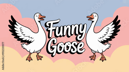 Two white geese standing on sand with colorful clouds and blue sky funny goose illustration