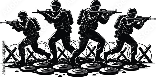 Black Silhouette Set of Soldiers in Combat Gear Advancing Through Battlefield with Rifles Barbed Wire and Land Mines for Military Warfare and Action Concepts