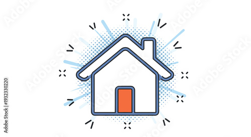 Minimalist house building icon with decorative line bursts suggesting a welcoming home or real estate property listing highlight.