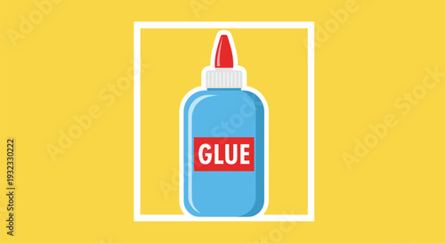 Simple blue plastic bottle of liquid adhesive glue with a red cap and label displayed prominently on a bright yellow background.