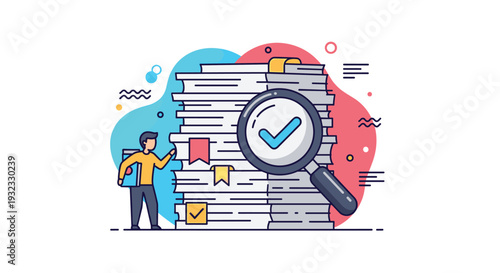 Professional person examining a massive stack of paperwork using a magnifying glass to symbolize document auditing and detailed review.