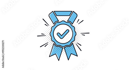 Premium quality award badge with a blue ribbon and a checkmark symbol used to represent certification and high standards of excellence.