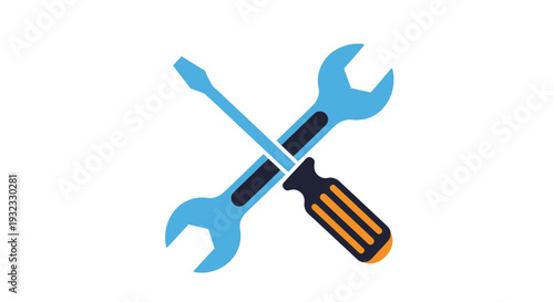 Crossed blue wrench and orange-handled screwdriver tools icon representing repair services, maintenance, and manual labor construction work.