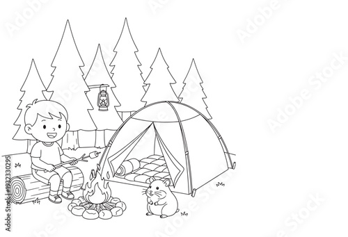 Camping Coloring Page with Child, Tent and Campfire Scene
