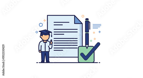 Education concept showing a graduate character pointing at a large document next to a green checkmark box and a blue pen.