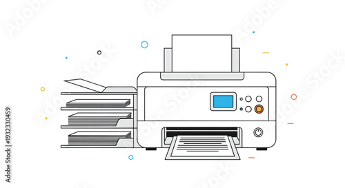 Office printer machine with a stack of paper folders on the side representing document printing, copying, and physical data storage.