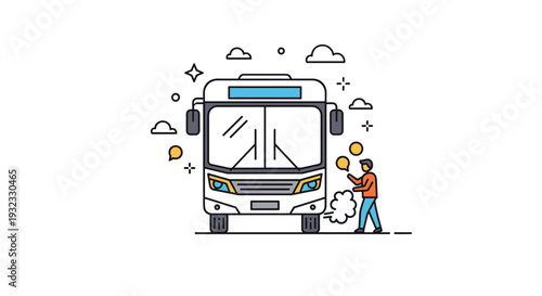 Modern white public transport bus with a small person character running behind to catch it as it drives away down the road.