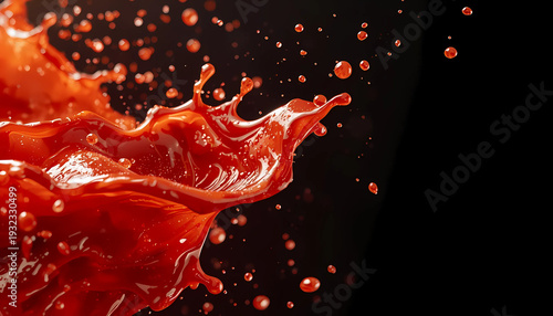 A vibrant sauce of red liquid against a dark background