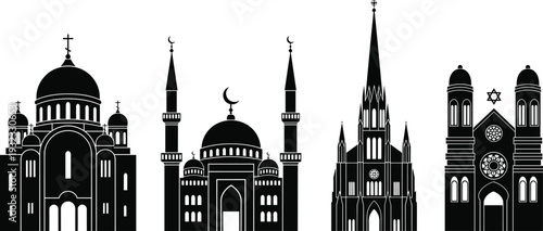 Religious Building Silhouette Collection Featuring Orthodox Church, Islamic Mosque, Catholic Cathedral, and Jewish Synagogue for Global Faith, Spirituality, Architecture, and World Religion 