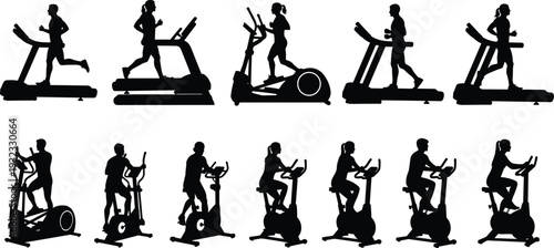 Gym fitness equipment silhouette set, people running on treadmill and cycling on exercise bike isolated on white background